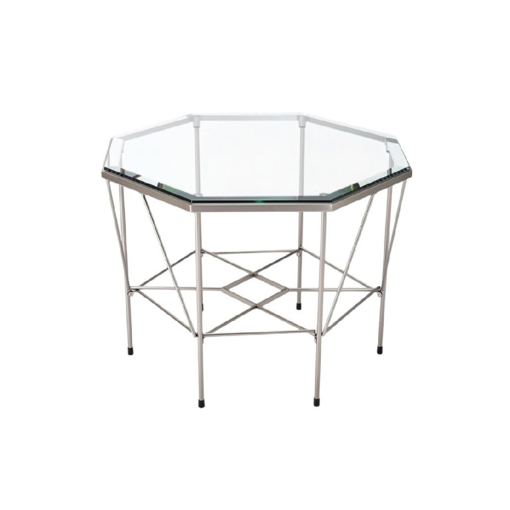 **Table basse hexagonale en verre et métal**