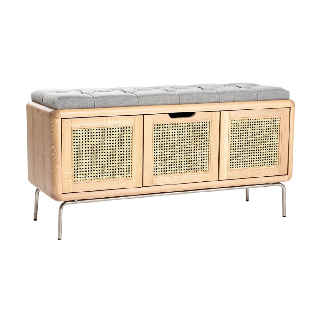 **Banc de rangement moderne en bois avec coussin et porte en rotin**