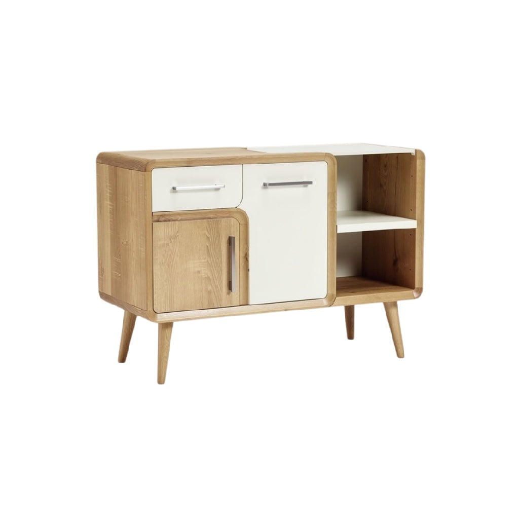 **Titre technique : Meuble de rangement en bois avec portes blanches et étagères ouvertes**